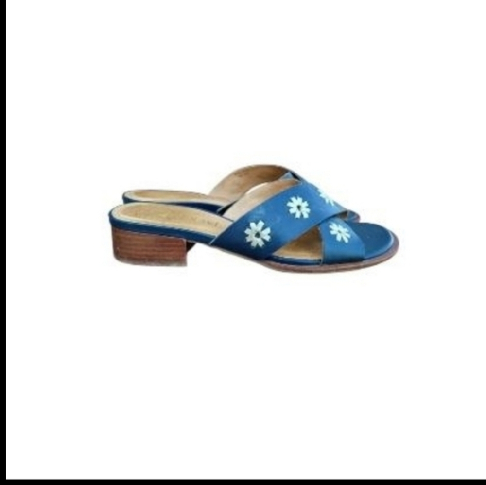 Jack Rogers Navy Blue Tan Leather Daisy Flower Slip On Slide Sandal Women Shoe 8 - Picture 3 of 10